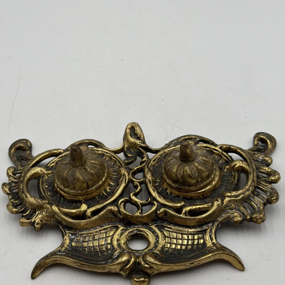 Vintage Double Ornate Brass Style Metal Inkwell JAPAN